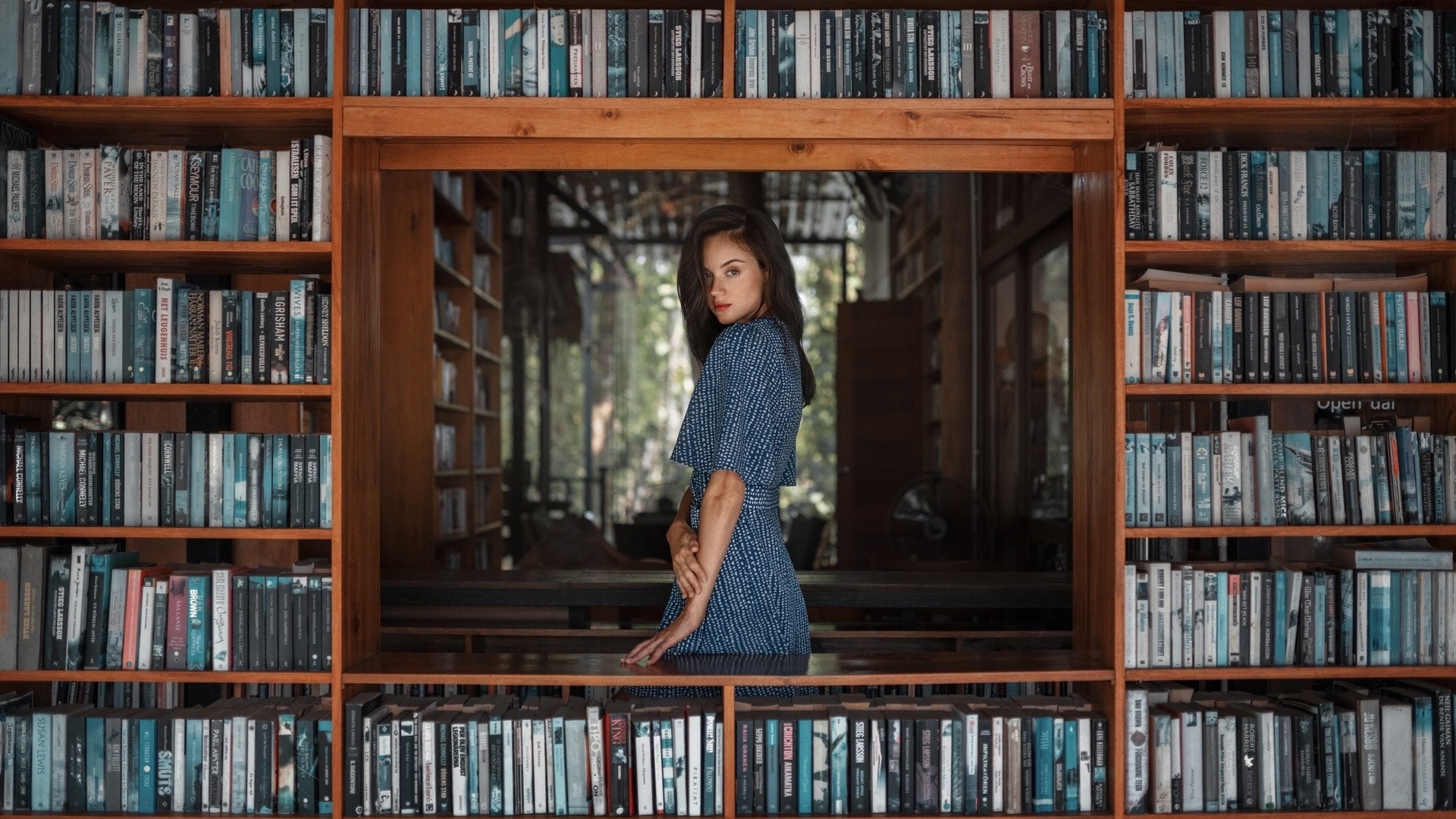 brunette, bookstore, , model, blue dress, women indoors, books, red lipstick, beautiful