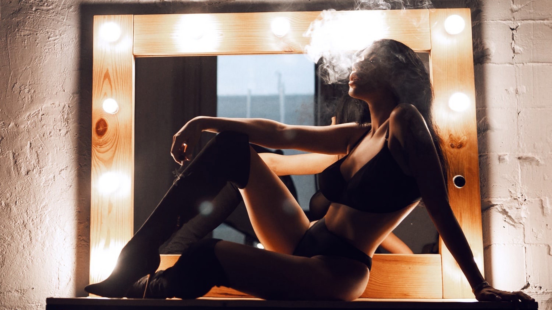 brunette, hips, , women indoors, black bra, ass, mirror, model, black panties, reflection, boots, black lingerie, smoking, cigars