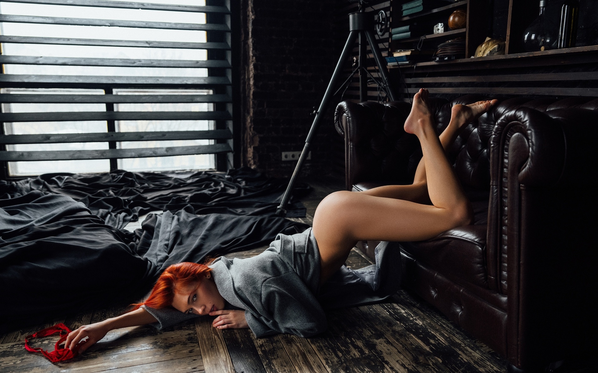 aleksey trifonov, redhead, red lingerie, , on the floor, women indoors, ass, red bra, model, red panties, wooden surface, hips, couch, coats, window