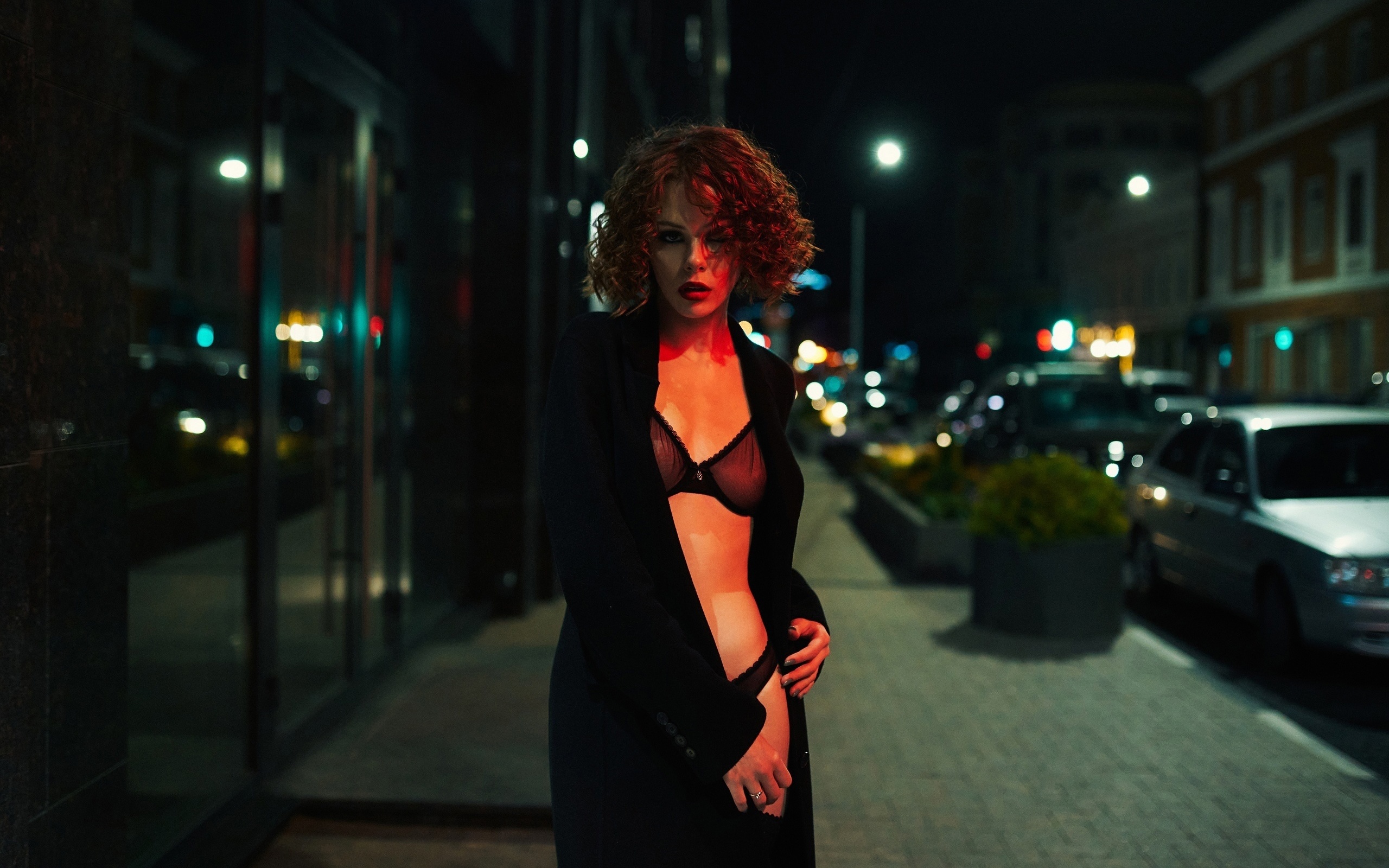 bra, women outdoors, public, , hips, brunette, panties, bokeh, night, lingerie, car, urban, black coat, model