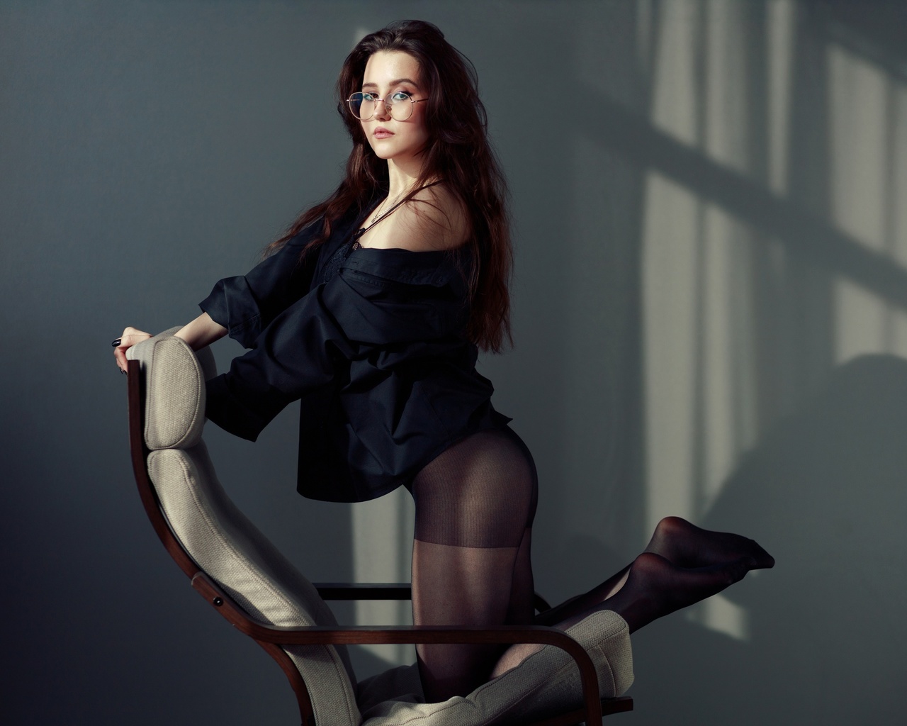 evgeniy bulatov, women with glasses, , ass, brunette, black shirt, women indoors, black pantyhose, hips, panties, model, wall