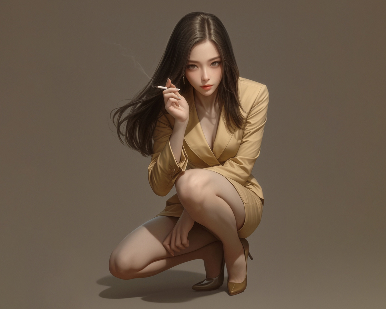 blazer, asian, ai art, brunette, , miniskirt, simple background, squatting, cigars, smoke, smoking