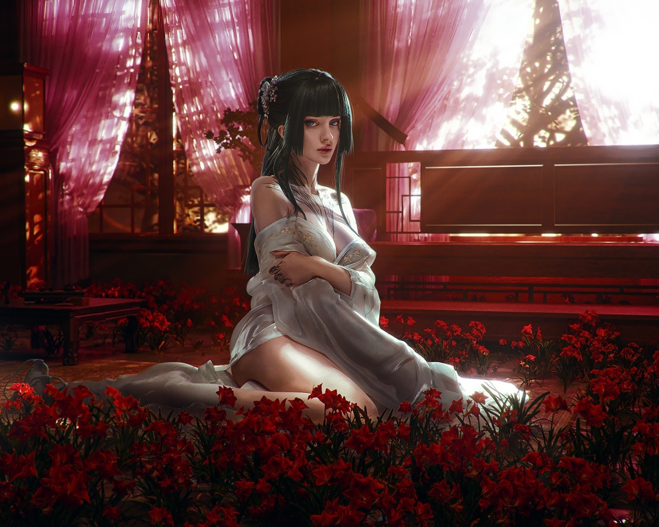 alin ma, the apothecary diaries, xenon, , maomao, anime, model, tattoo, flowers, anime girls, brunette, women indoors, sun rays