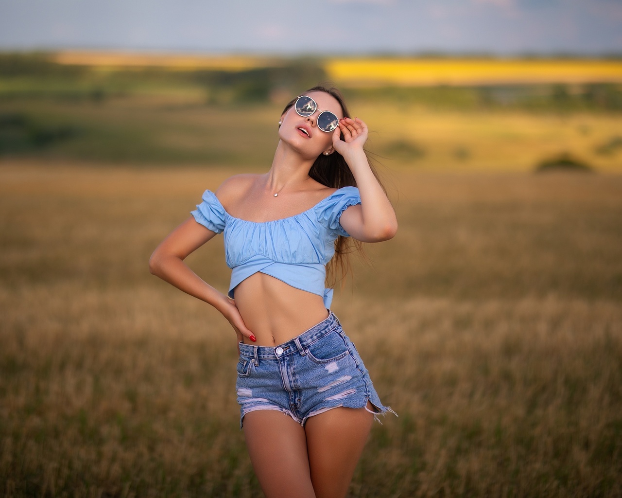 dmitry shulgin, women outdoors, beautiful, brunette, , torn jeans, field, nature, jean shorts, sky, women with glasses, clouds, grass, women with shades, model, sunglasses