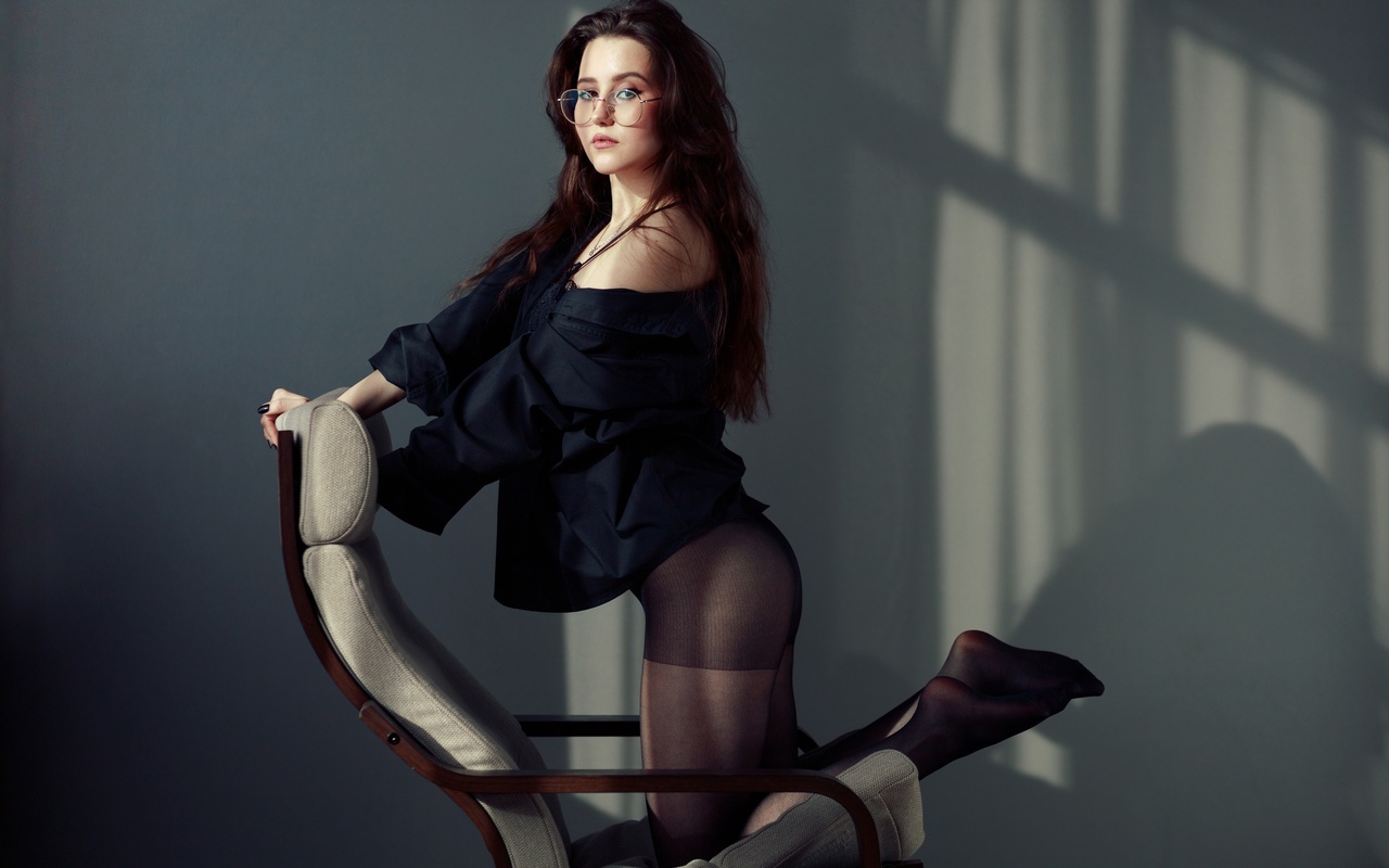 evgeniy bulatov, women with glasses, , ass, brunette, black shirt, women indoors, black pantyhose, hips, panties, model, wall