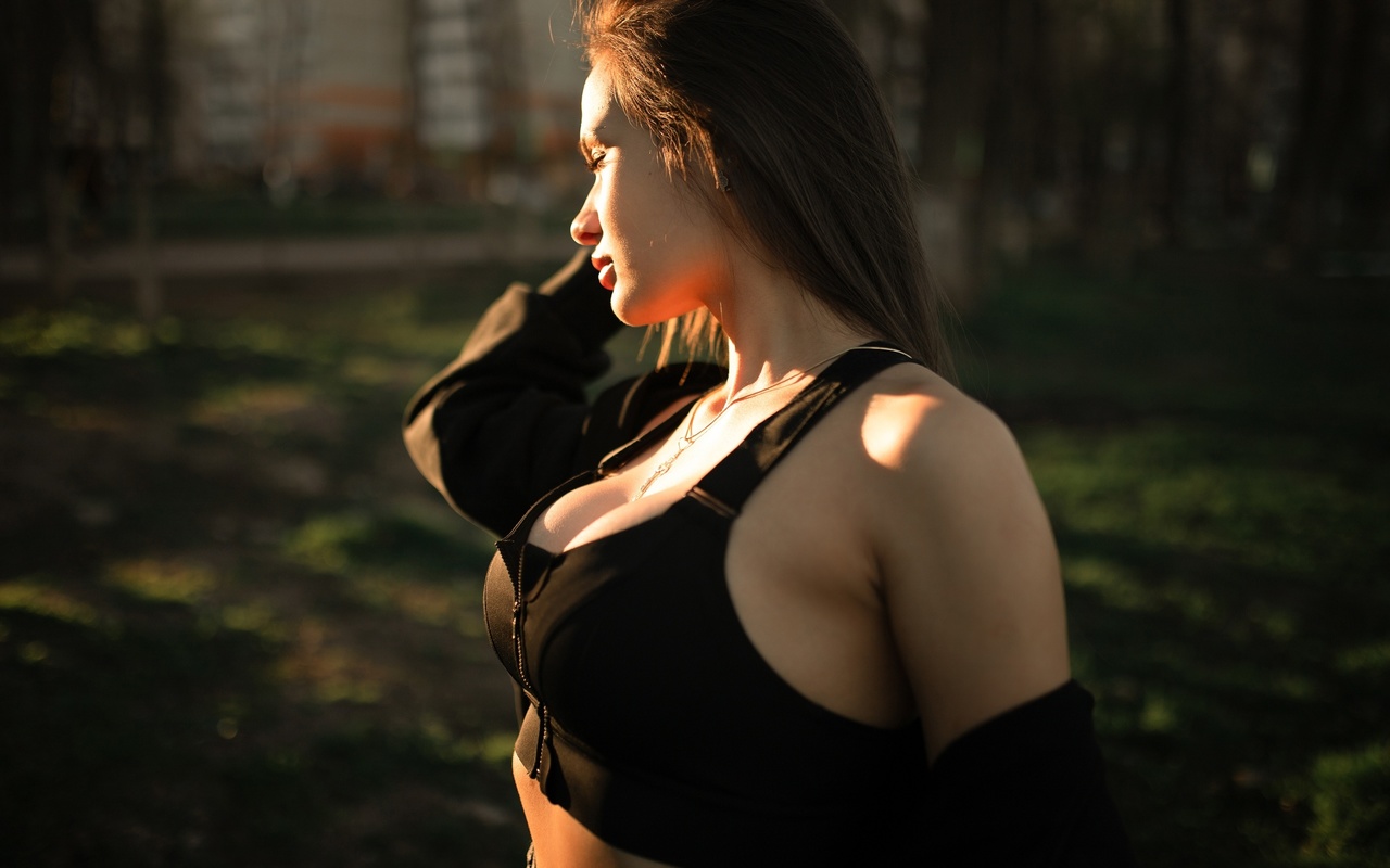 alexander nesterenko, neckline, brunette, black top, women outdoors, , model, field, nature, depth of field