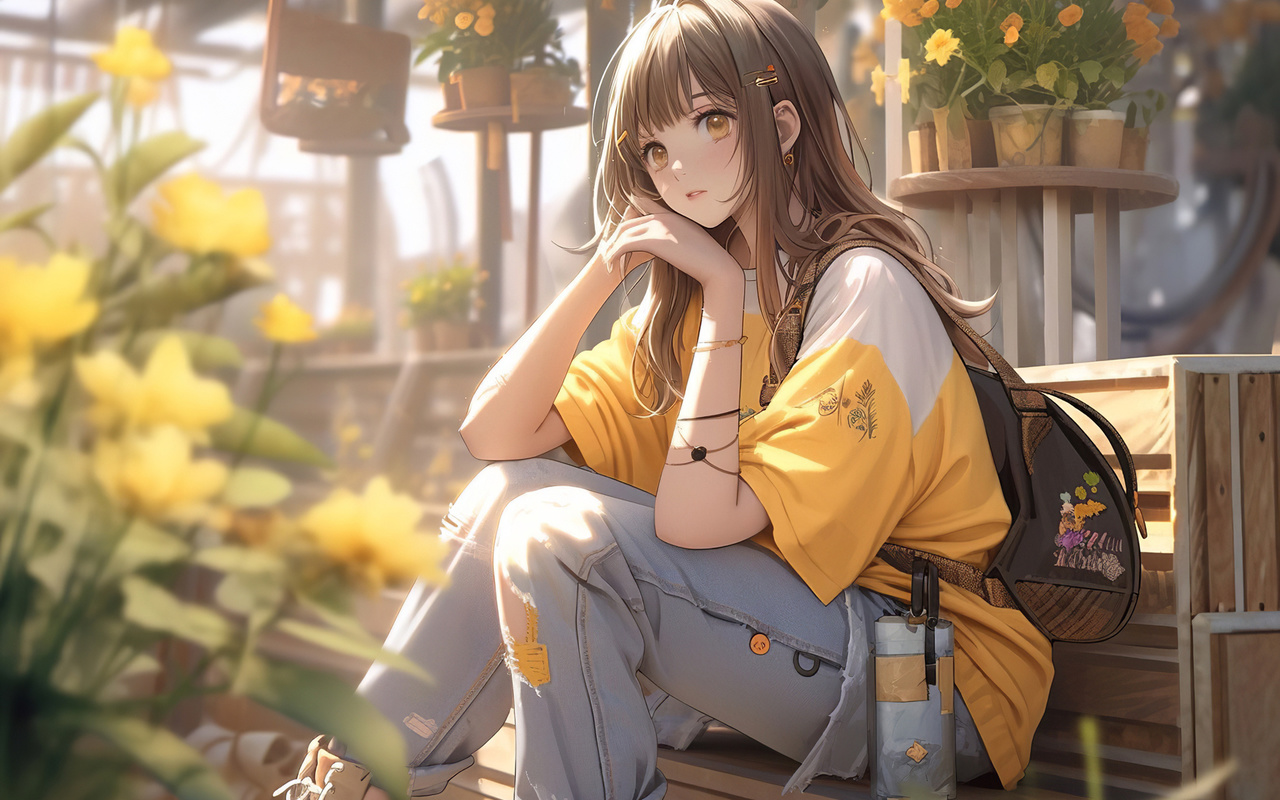 , ai art, anime girls, flowers, brunette, jeans, t-shirt, boots, schoolgirl, backpacks