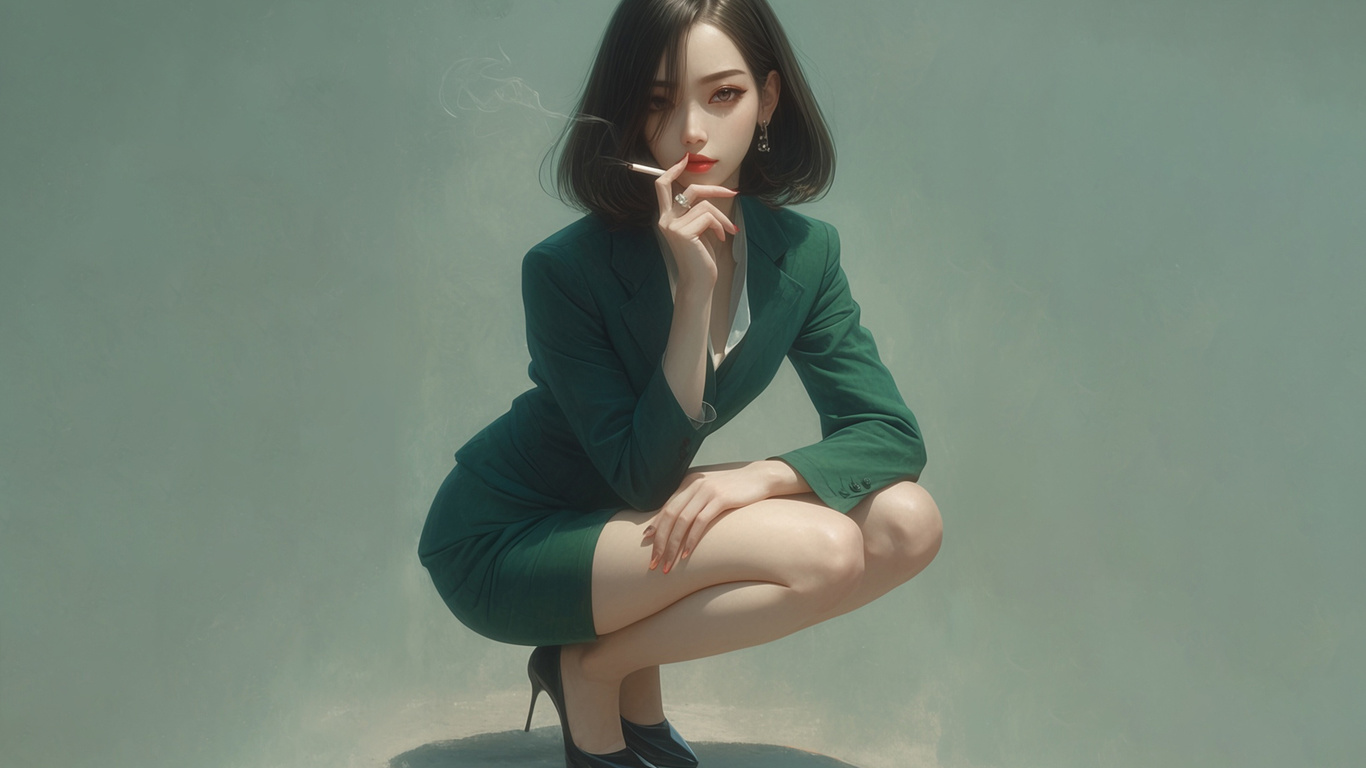 blazer, asian, ai art, brunette, , miniskirt, simple background, squatting, cigars, smoke, smoking, red lipstick