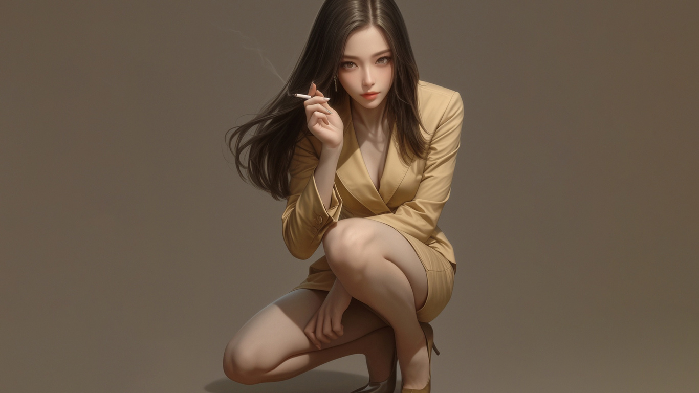 blazer, asian, ai art, brunette, , miniskirt, simple background, squatting, cigars, smoke, smoking