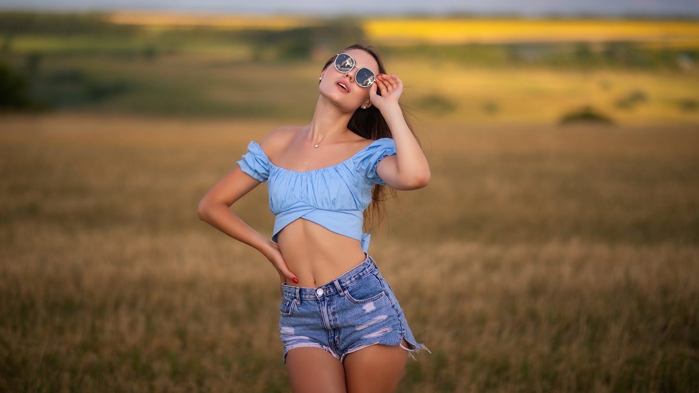 dmitry shulgin, women outdoors, beautiful, brunette, , torn jeans, field, nature, jean shorts, sky, women with glasses, clouds, grass, women with shades, model, sunglasses