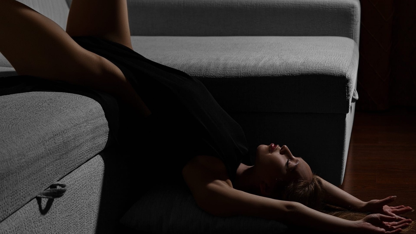 black bodysuit, ass, blonde, closed eyes, , model, women indoors, hips, bodysuit, couch