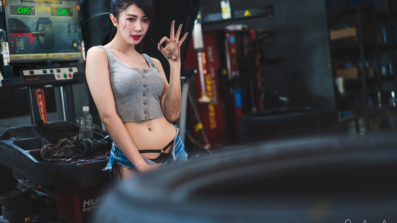 asian, brunette, women indoors, jean shorts, short tops, , red lipstick, belly button, model, workshop, black panties