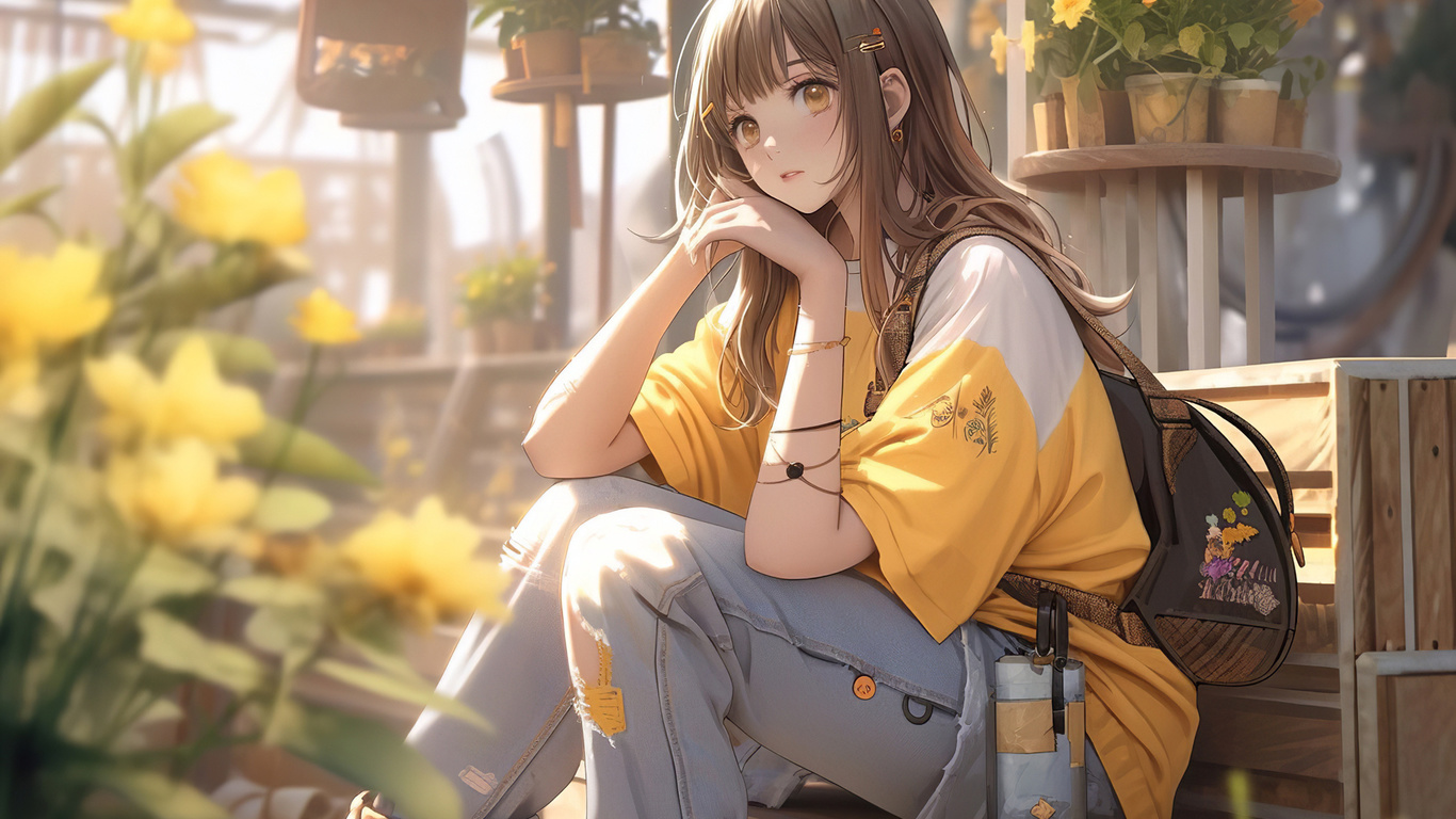 , ai art, anime girls, flowers, brunette, jeans, t-shirt, boots, schoolgirl, backpacks