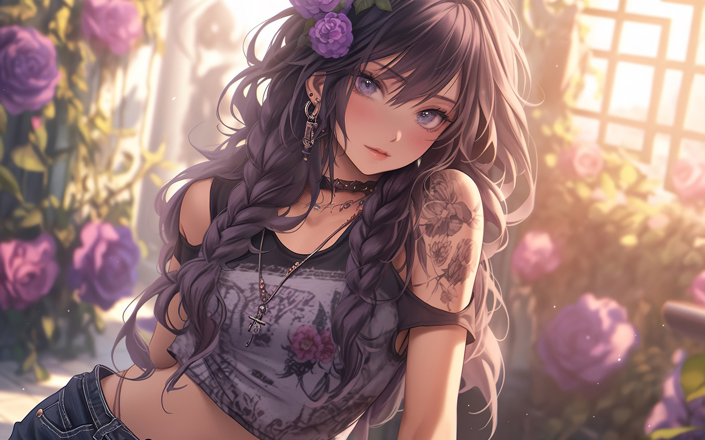 , ai art, anime girls, long hair, rose, flowers, brunette, jeans, tattoo