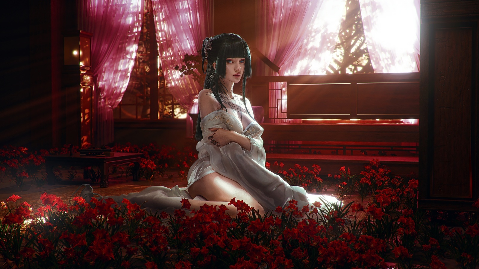 alin ma, the apothecary diaries, xenon, , maomao, anime, model, tattoo, flowers, anime girls, brunette, women indoors, sun rays