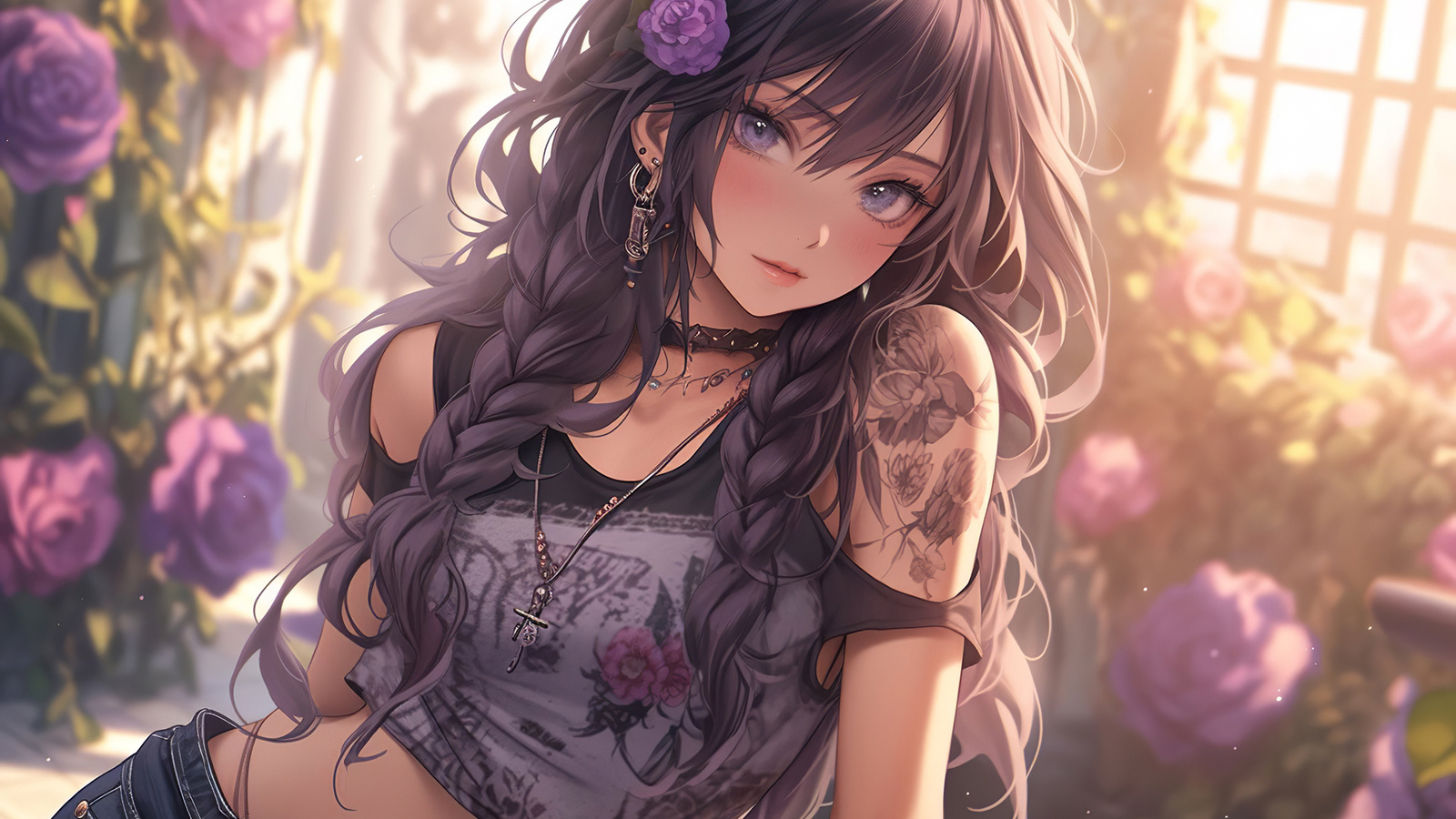 , ai art, anime girls, long hair, rose, flowers, brunette, jeans, tattoo