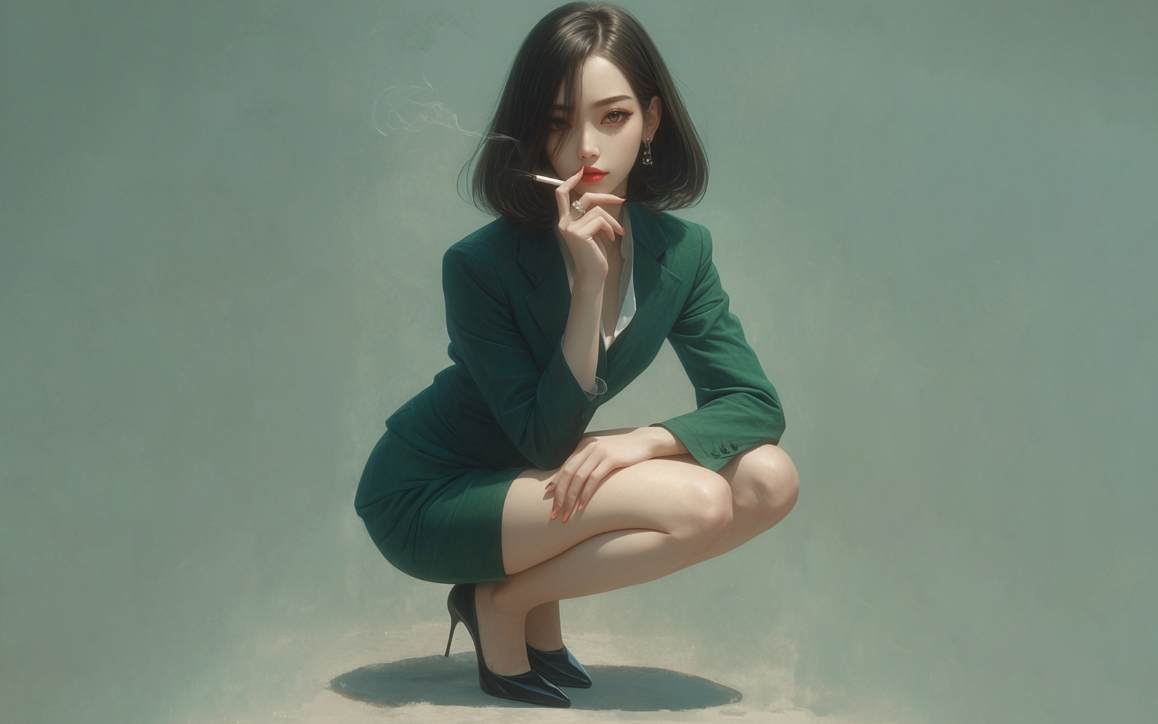 blazer, asian, ai art, brunette, , miniskirt, simple background, squatting, cigars, smoke, smoking, red lipstick