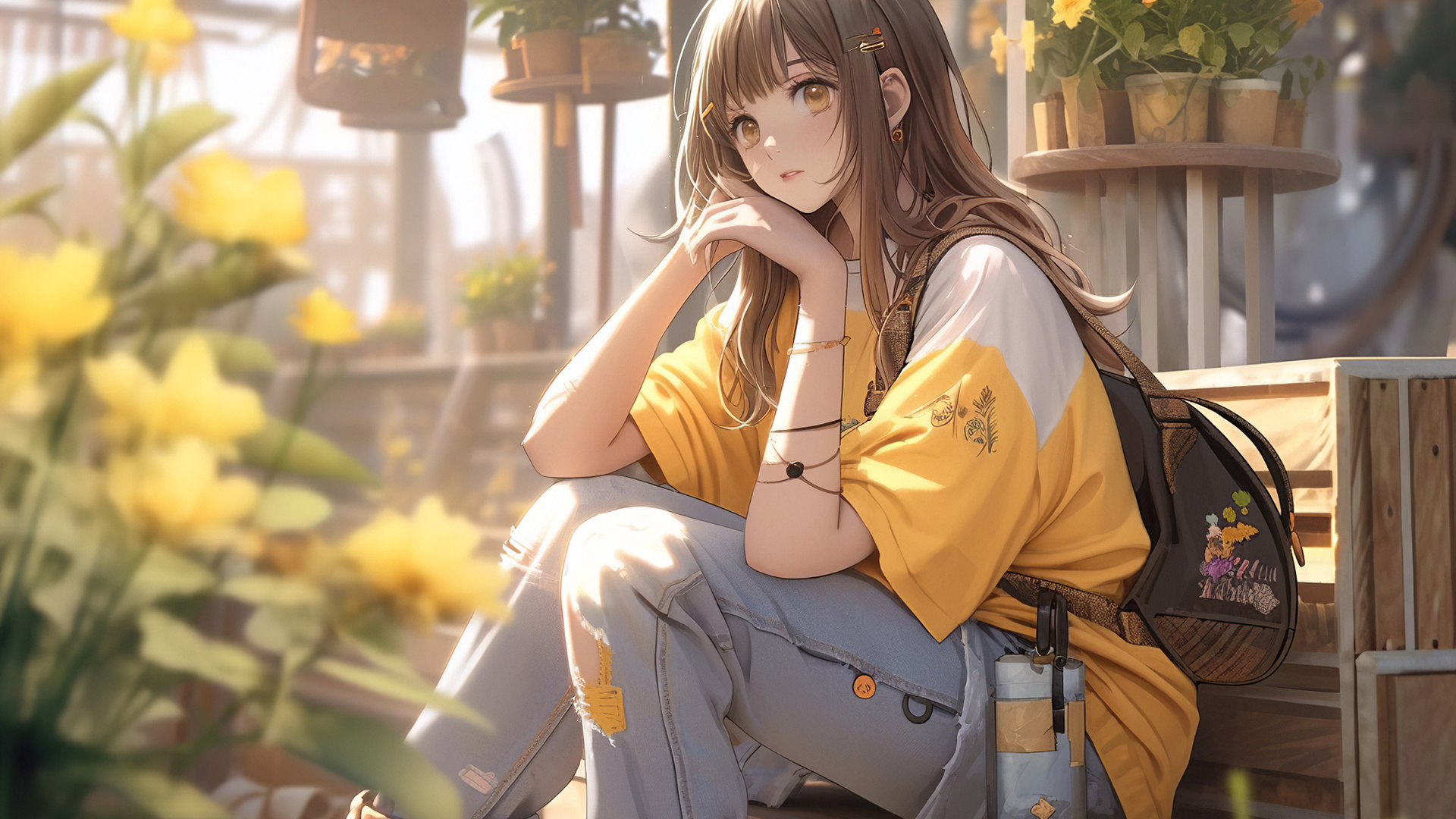 , ai art, anime girls, flowers, brunette, jeans, t-shirt, boots, schoolgirl, backpacks