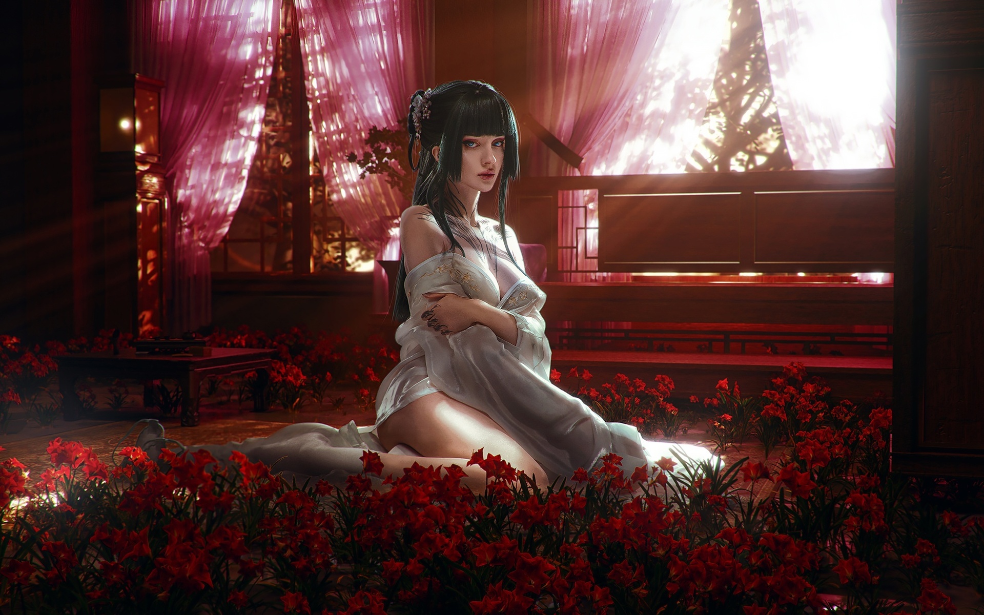 alin ma, the apothecary diaries, xenon, , maomao, anime, model, tattoo, flowers, anime girls, brunette, women indoors, sun rays