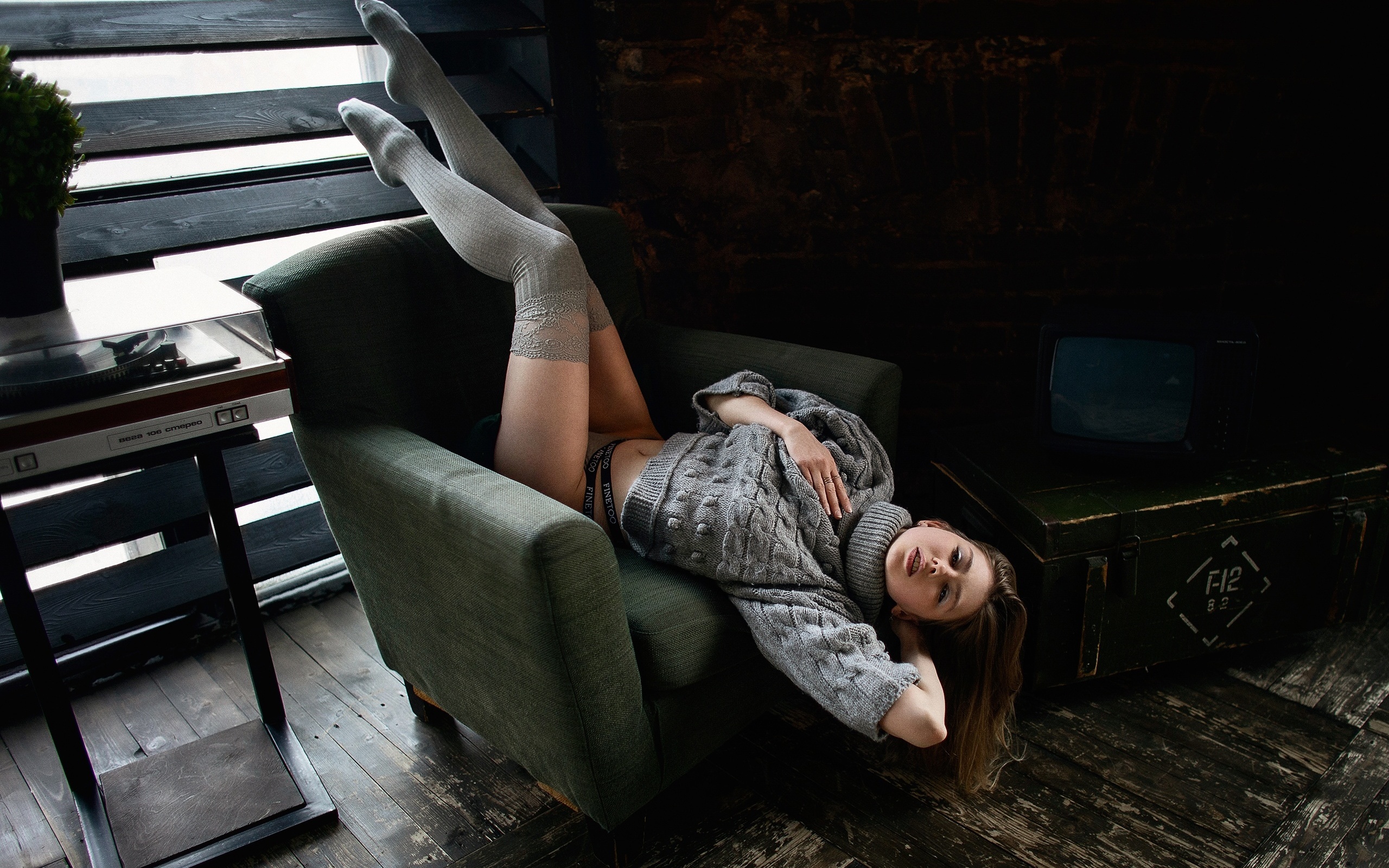 maksim chuprin, armchair, model, ass, sweater, thigh-highs, , brunette, turntables, music, women indoors, model, makeup, model, red lipstick, plants, window, hips