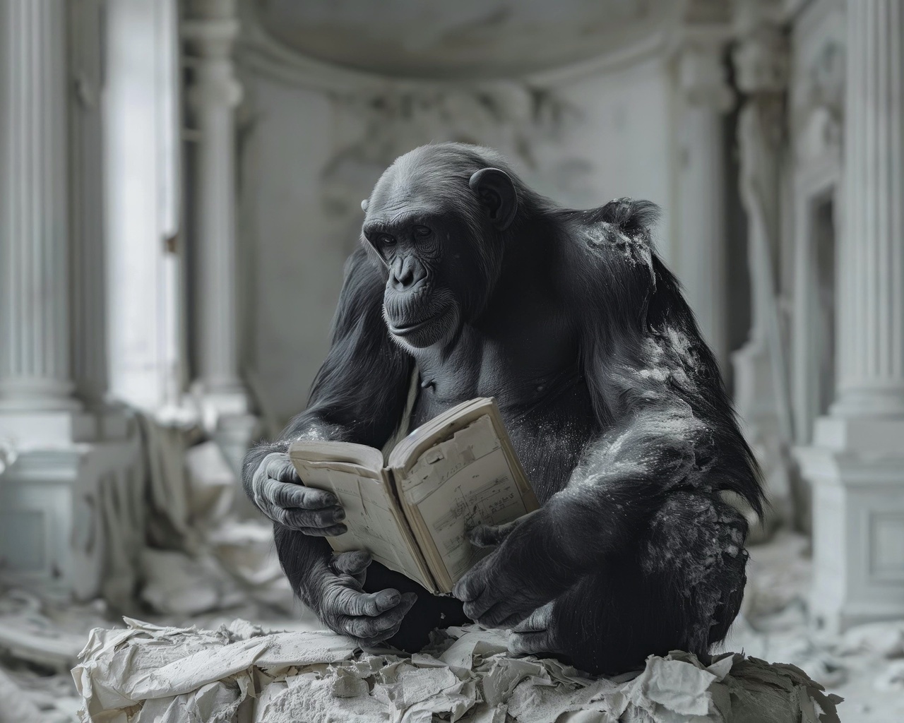 , , ai art, monkey, book, 