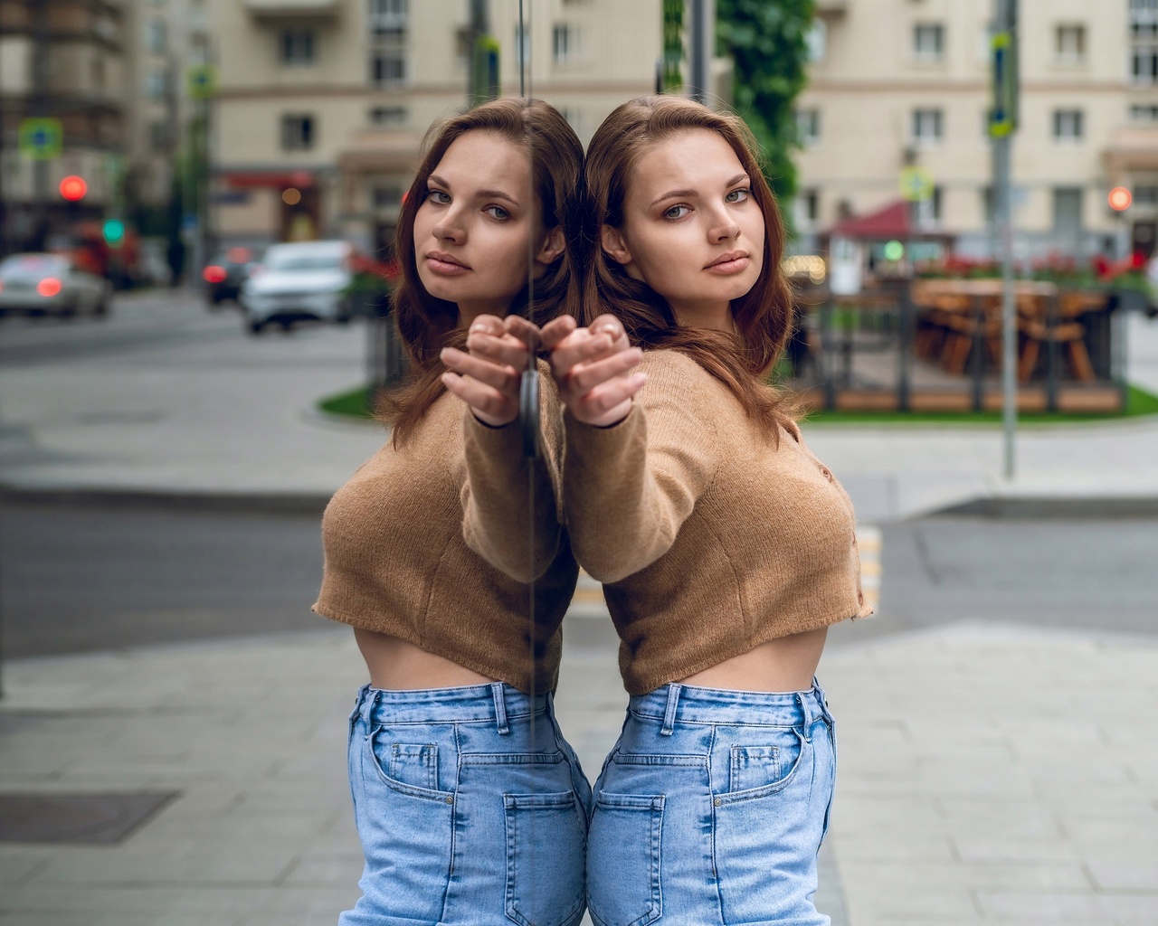 street, public, brunette, jeans, reflection, , women outdoors, model, urban