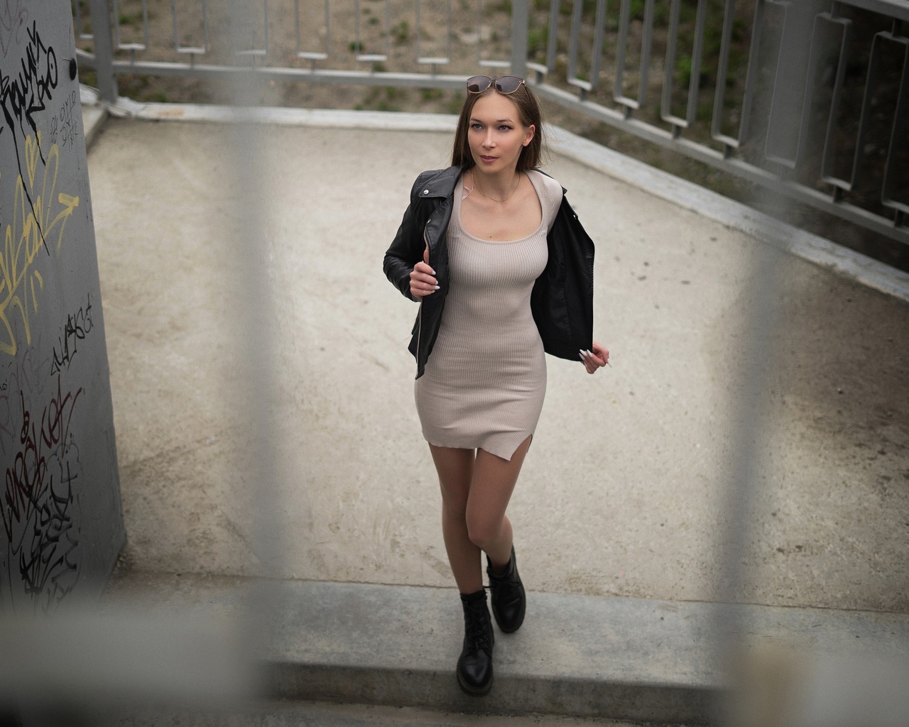 robert zazin, public, model, women outdoors, leather jacket, white dress, , brunette, urban, sunglasses, boots