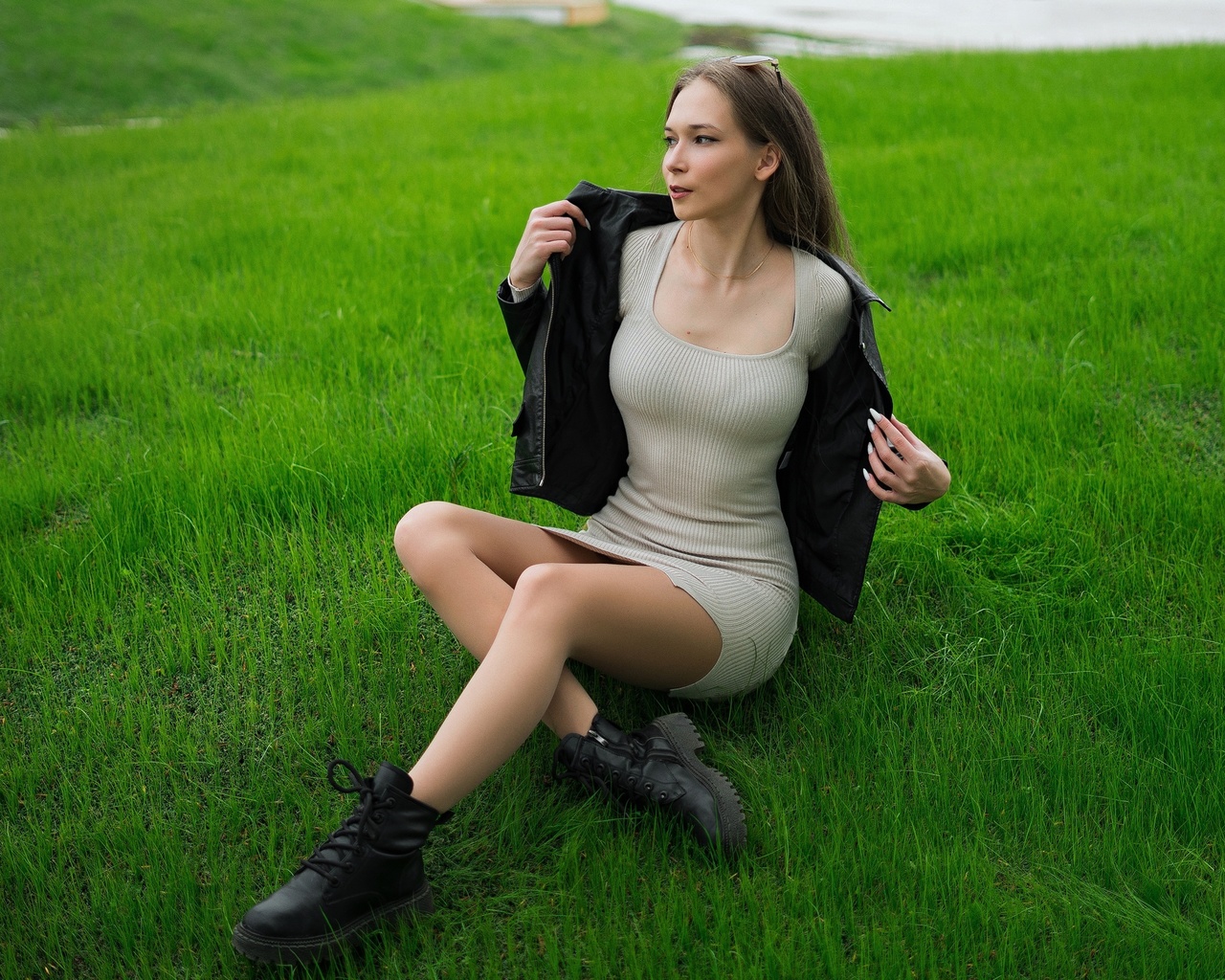 robert zazin, model, women outdoors, leather jacket, white dress, , brunette, grass, sunglasses, boots