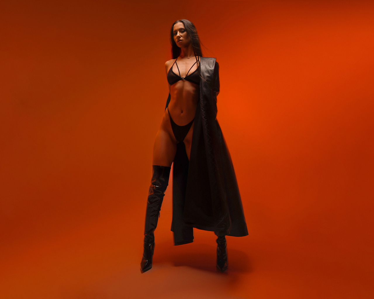 yury semenov, studio, black lingerie, black panties, women indoors, brunette, , ass, trench coat, model, hips, orange background, belly button, black bras