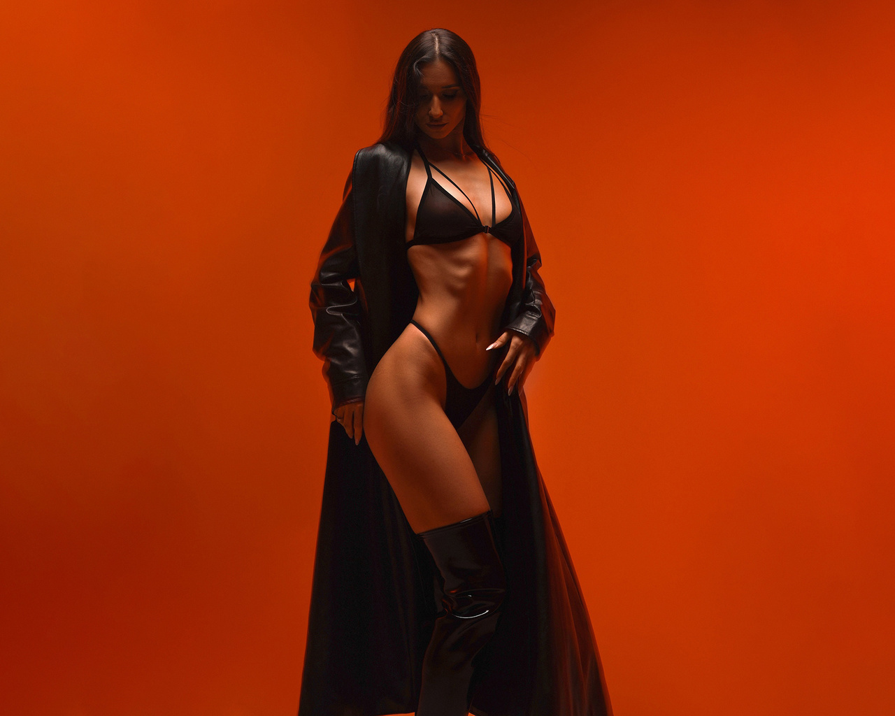 yury semenov, studio, black lingerie, black panties, women indoors, brunette, , ass, trench coat, model, hips, orange background, belly button, black bras