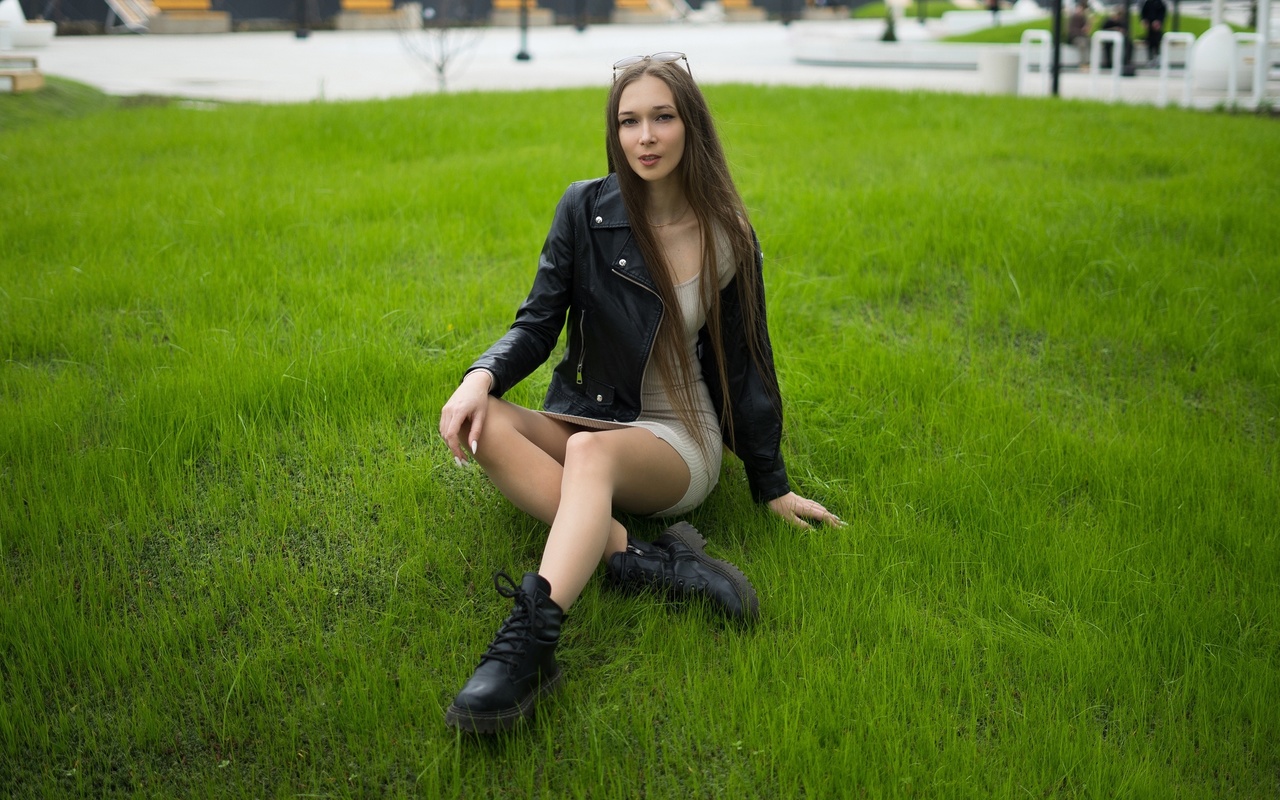 robert zazin, model, women outdoors, leather jacket, white dress, , brunette, grass, sunglasses, boots