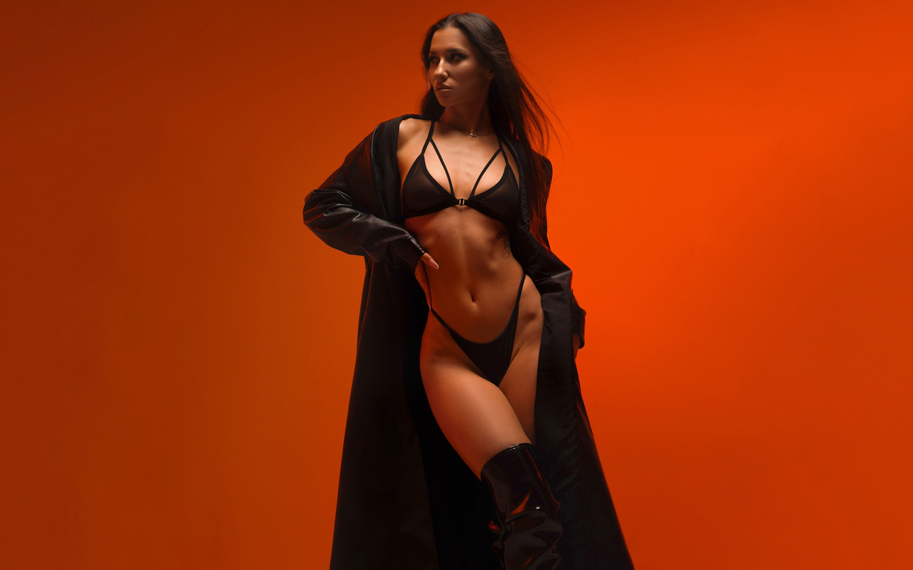 yury semenov, studio, black lingerie, black panties, women indoors, brunette, , ass, trench coat, model, hips, orange background, belly button, black bras