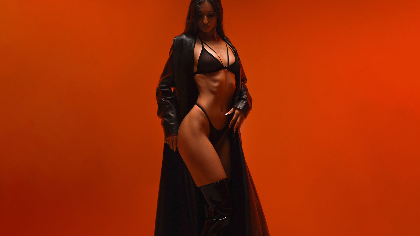 yury semenov, studio, black lingerie, black panties, women indoors, brunette, , ass, trench coat, model, hips, orange background, belly button, black bras