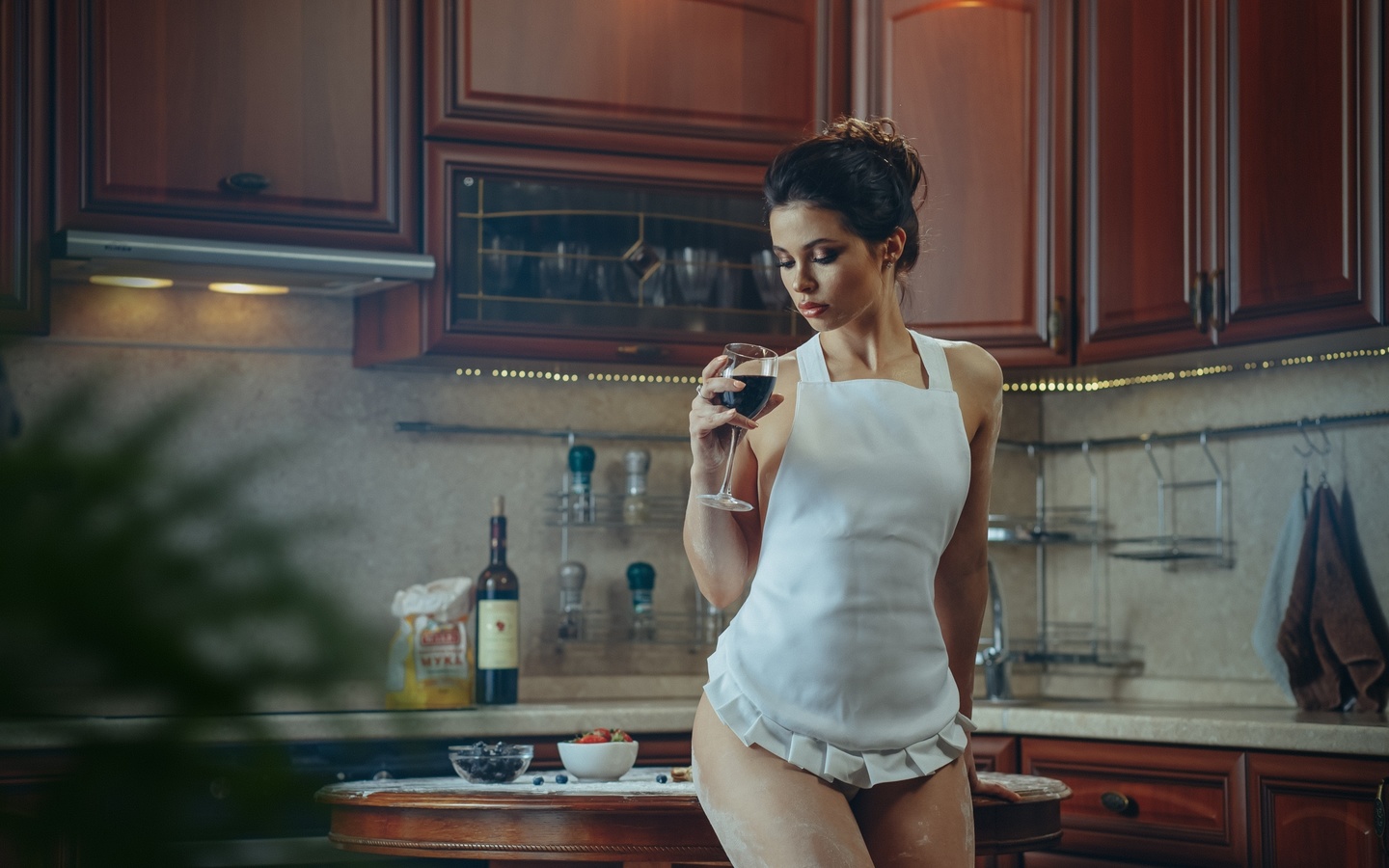 white panties, kitchen, model, women indoors, brunette, , flour, naked apron, apron, table, wine, hips, flour covered