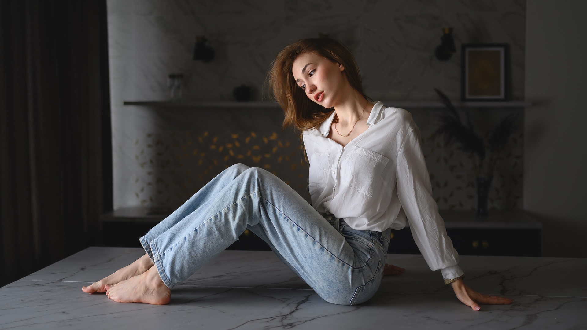 jeans, white shirt, brunette, sitting, on table, , women indoors, model, barefoot, feet