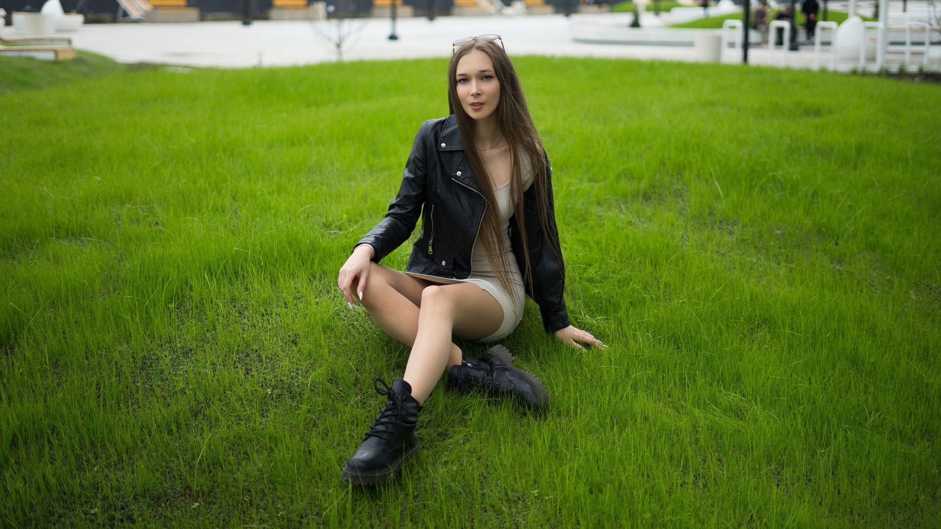 robert zazin, model, women outdoors, leather jacket, white dress, , brunette, grass, sunglasses, boots