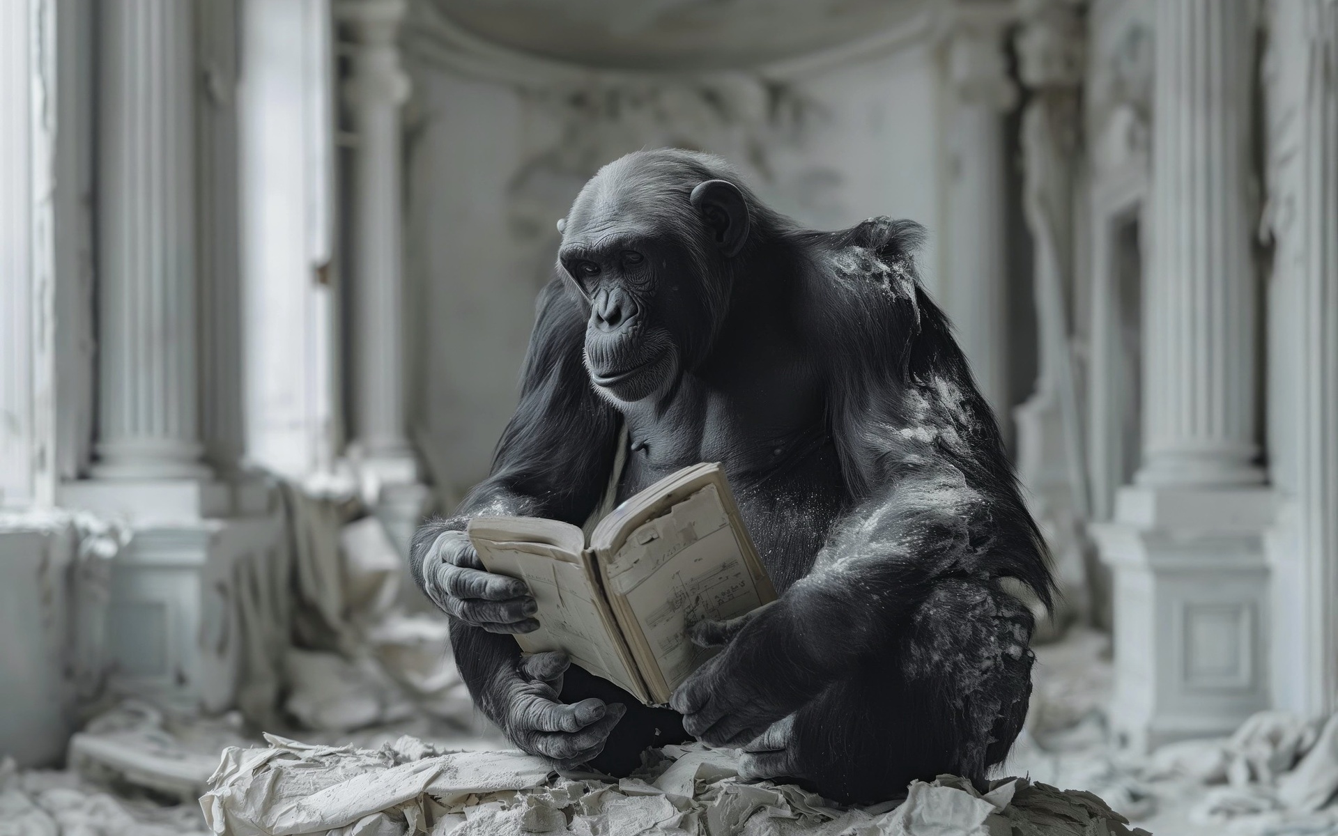 , , ai art, monkey, book, 