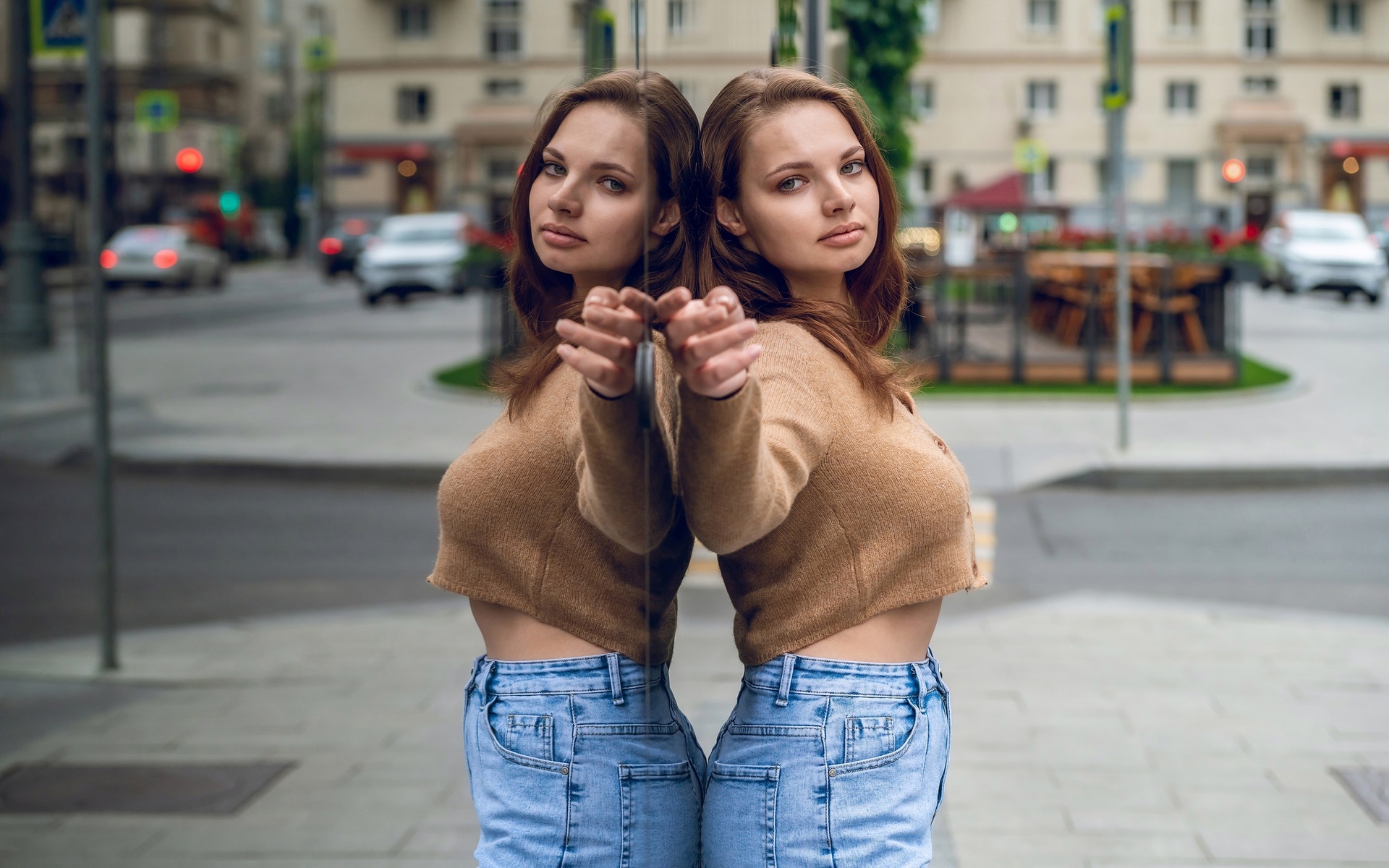 street, public, brunette, jeans, reflection, , women outdoors, model, urban