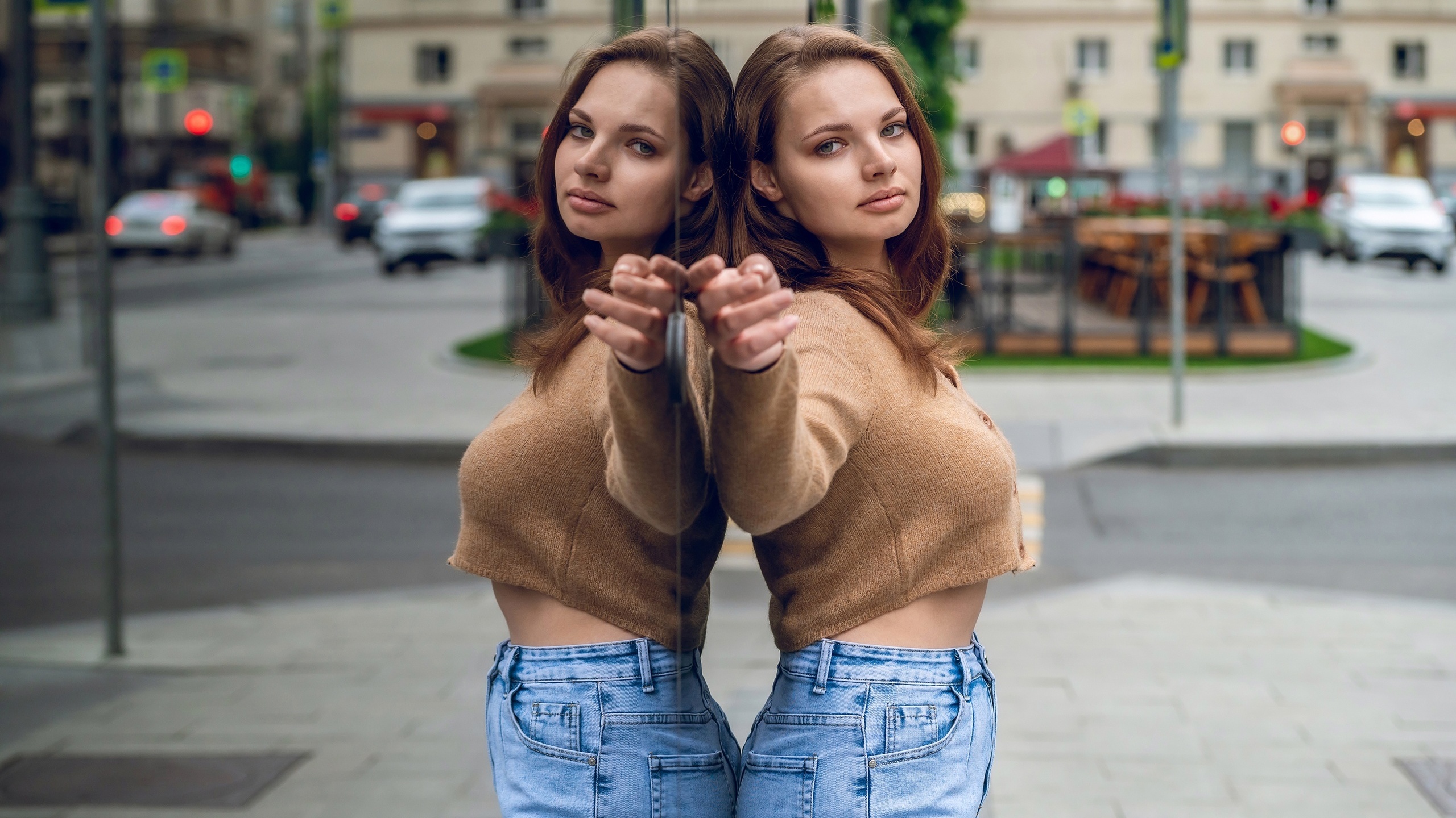 street, public, brunette, jeans, reflection, , women outdoors, model, urban