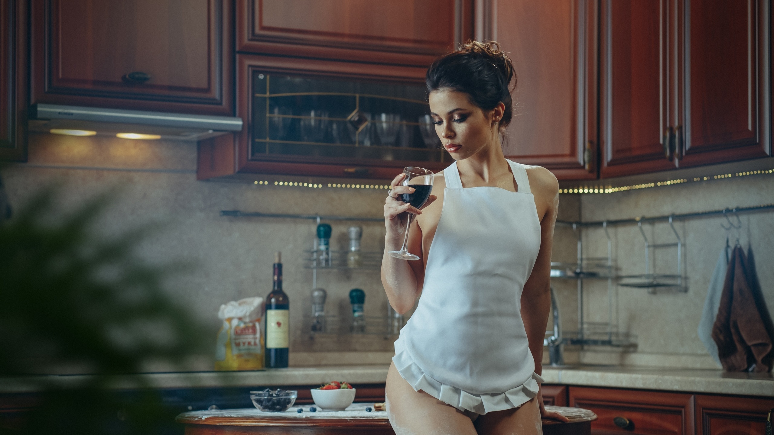 white panties, kitchen, model, women indoors, brunette, , flour, naked apron, apron, table, wine, hips, flour covered