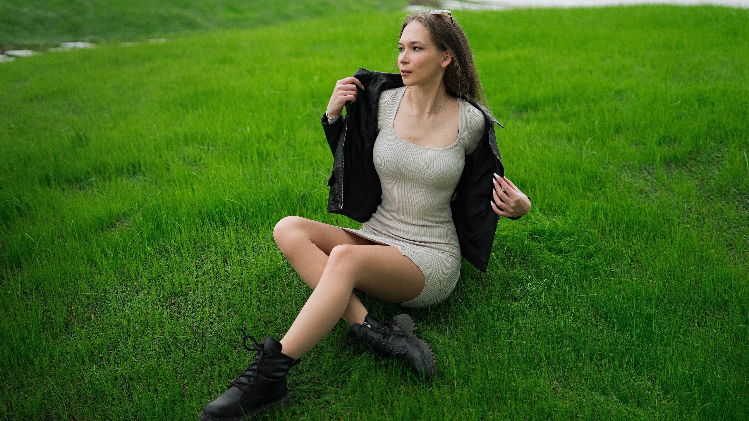 robert zazin, model, women outdoors, leather jacket, white dress, , brunette, grass, sunglasses, boots