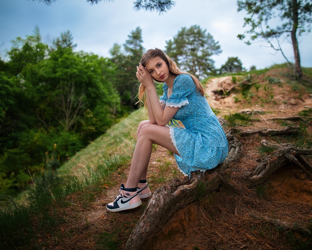 dmitry shulgin, forest, summer dress, nature, brunette, women outdoors, blue dress, , model, red lipstick, trees, clouds, nike, sky, sneakers, sitting