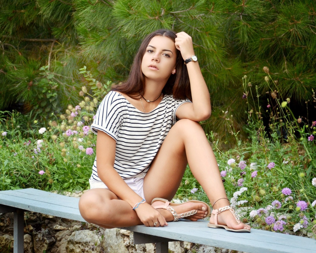 white shorts, brunette, bench, , model, women outdoors, shorts, park, sitting, legs