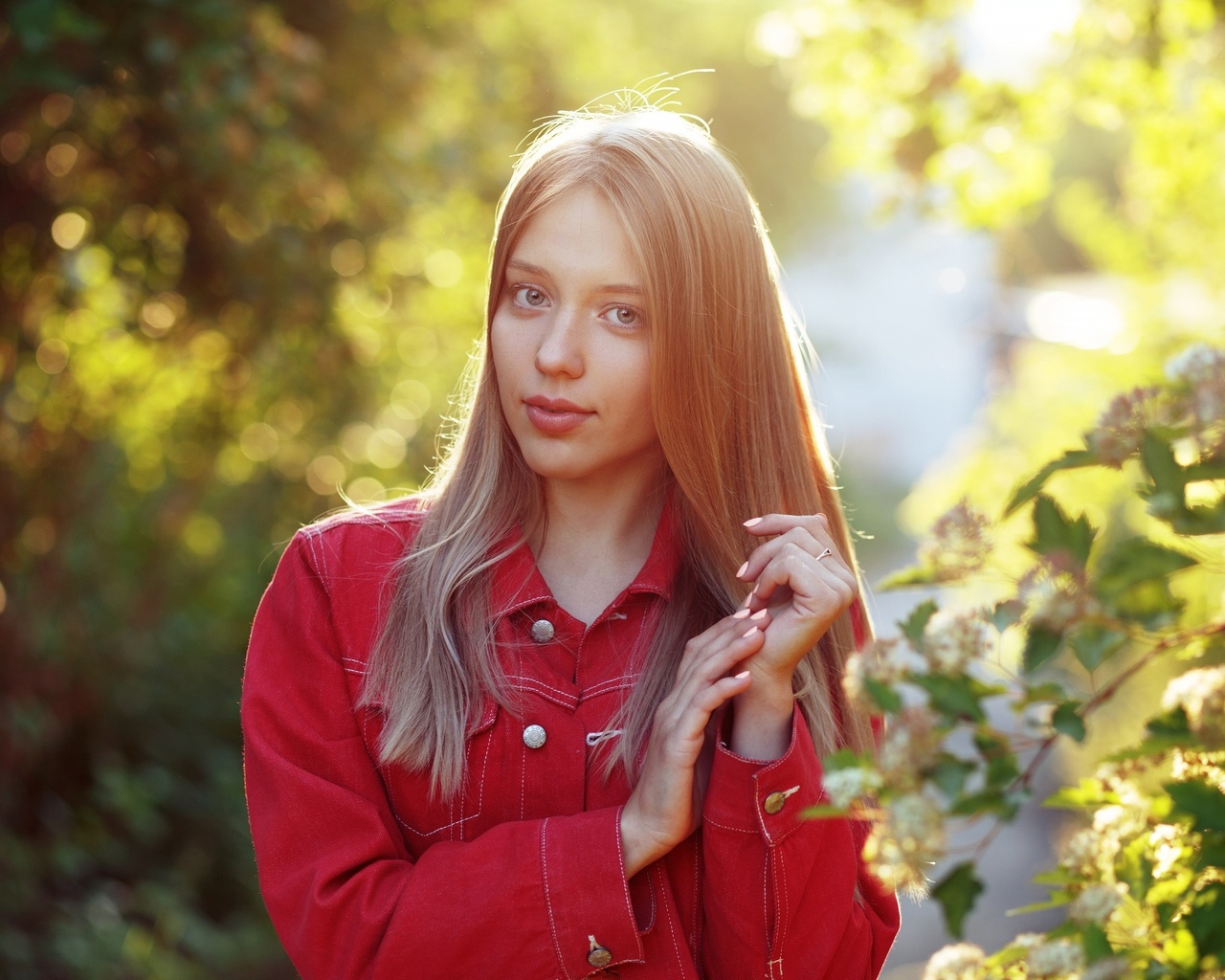 evgeniy bulatov, red jackets, nature, denim jacket, blonde, , model, plants, bokeh, women outdoors