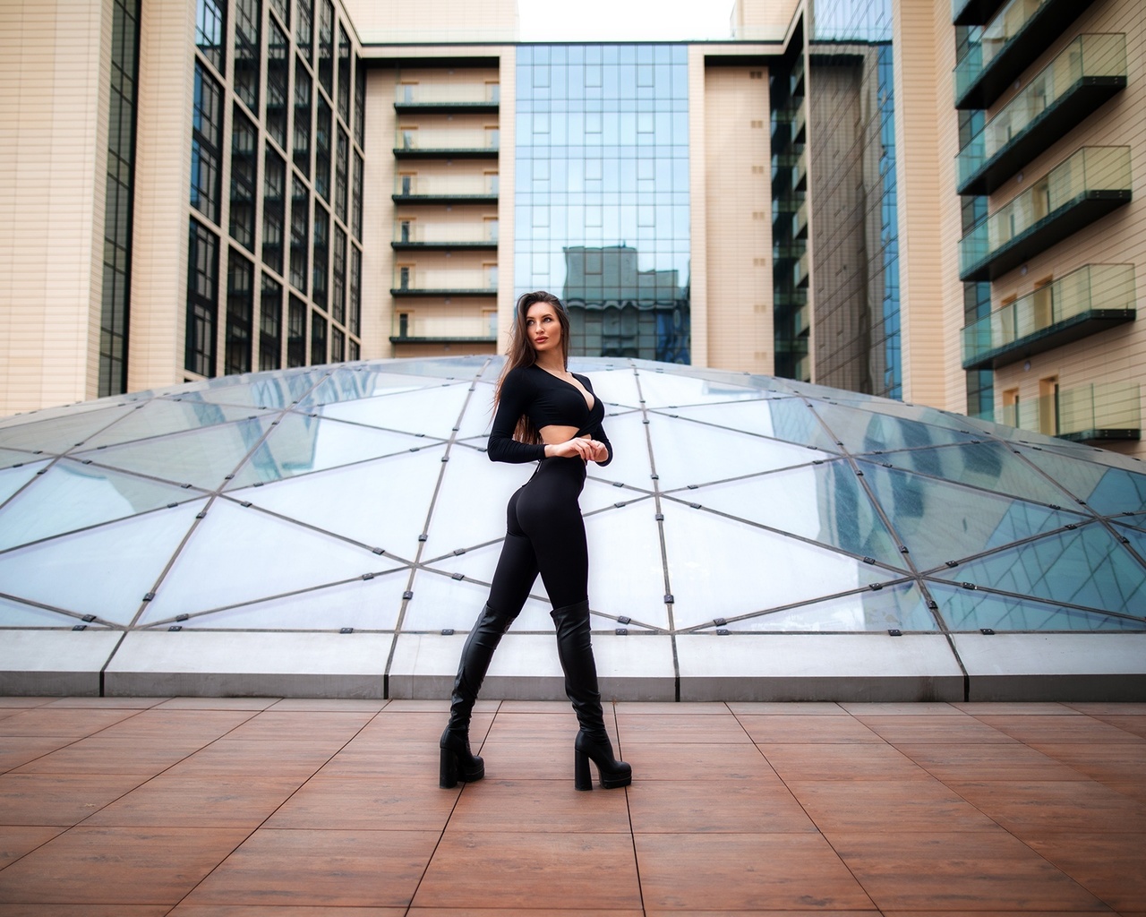 dmitry shulgin, black pants, brunette, women outdoors, , tight pants, urban, public, model, black clothing