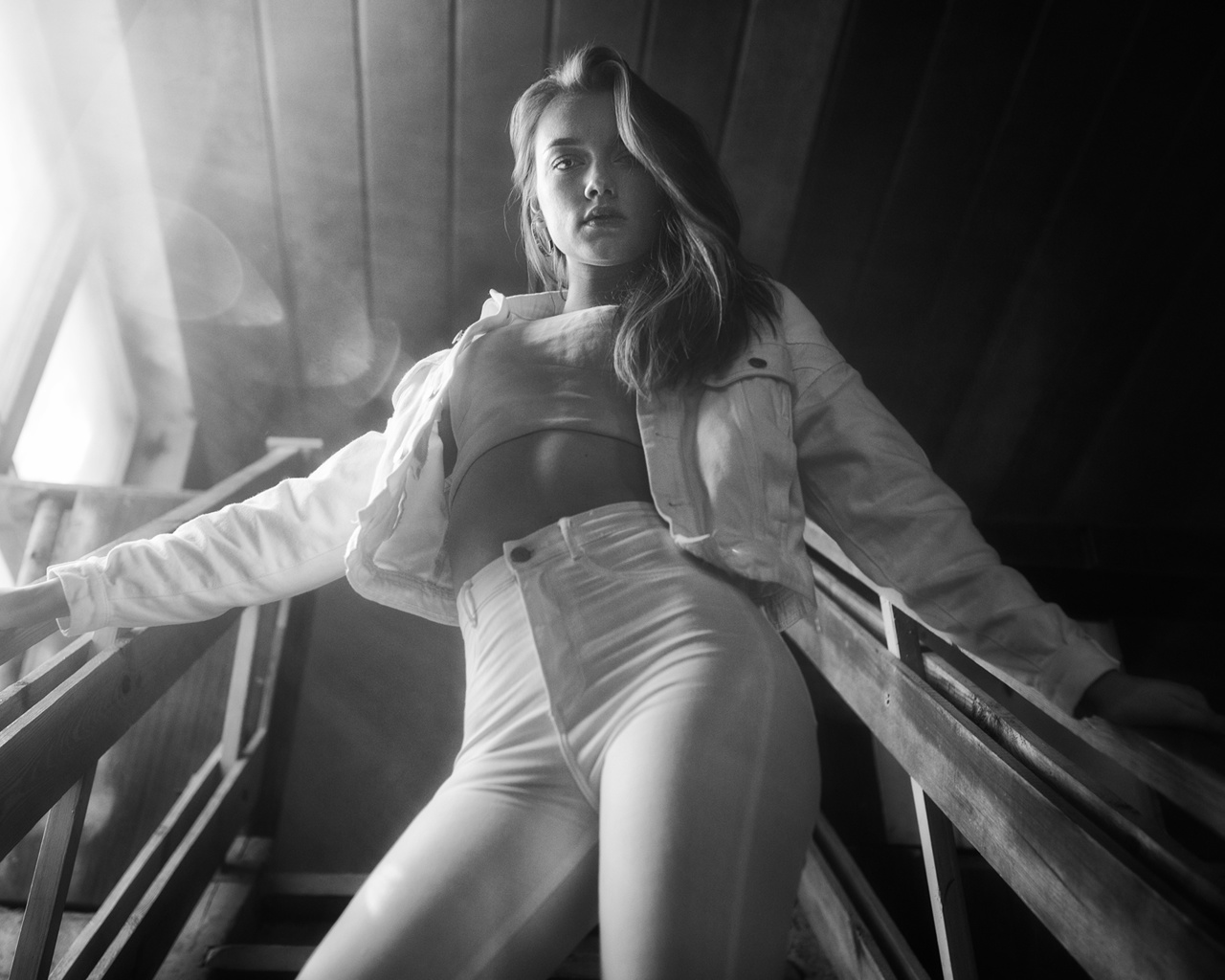 dmitry shulgin, monochrome, pants, brunette, women indoors, , jeans, jacket, model, denim jacket, stairs