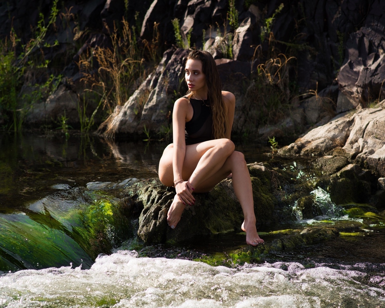 swimwear, river, ass, brunette, , women outdoors, model, water, hips, sitting, nature, rocks