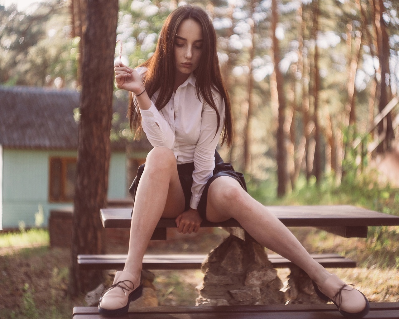 bench, sitting, brunette, ass, , women outdoors, model, black skirts, white blouse, nature, trees, forest, cabin