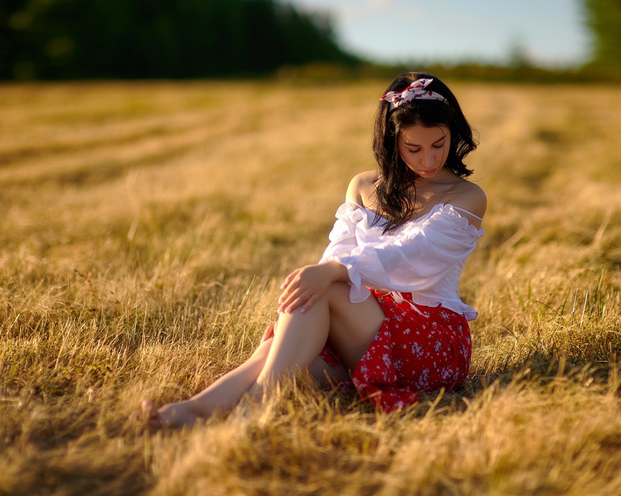 field, brunette, women outdoors, white blouse, model, grass, barefoot, grass, red skirt, , nature