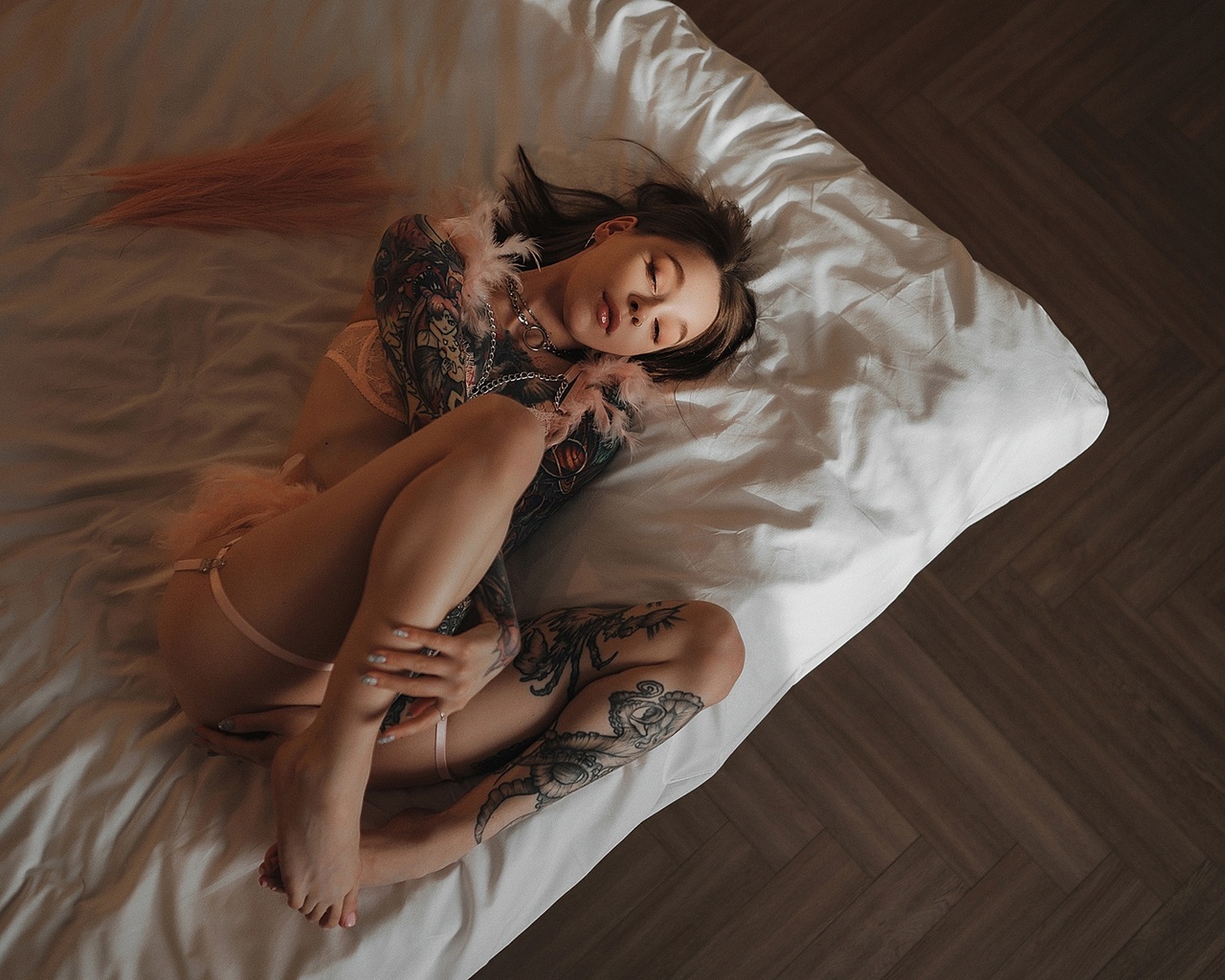 sergey freyer, pink lingerie, brunette, , hips, mattresses, model, pink bra, women indoors, pink panties, ass, closed eyes, tattoo, red lipstick, garter belt